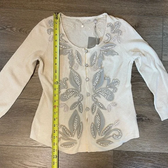 ANTHROPOLOGIE Knitted & Knotted Ivory Cardigan Felt Leaf Cashmere Cotton NWT - Picture 9 of 16